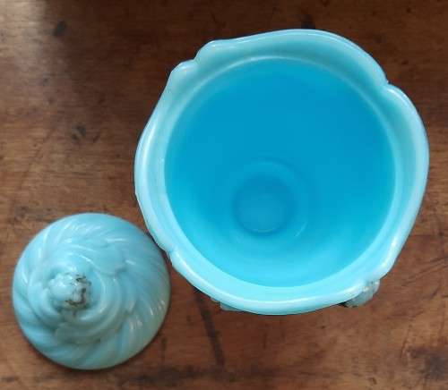 ANTIQUE PORTIEUX VALLERYSTHAL BLUE MILK GLASS LIDDED JAR