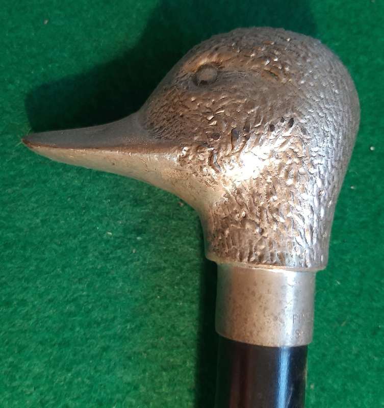 BLACK LACQUERED WALKING CANE WITH PEWTER DUCK HEAD HANDLE
