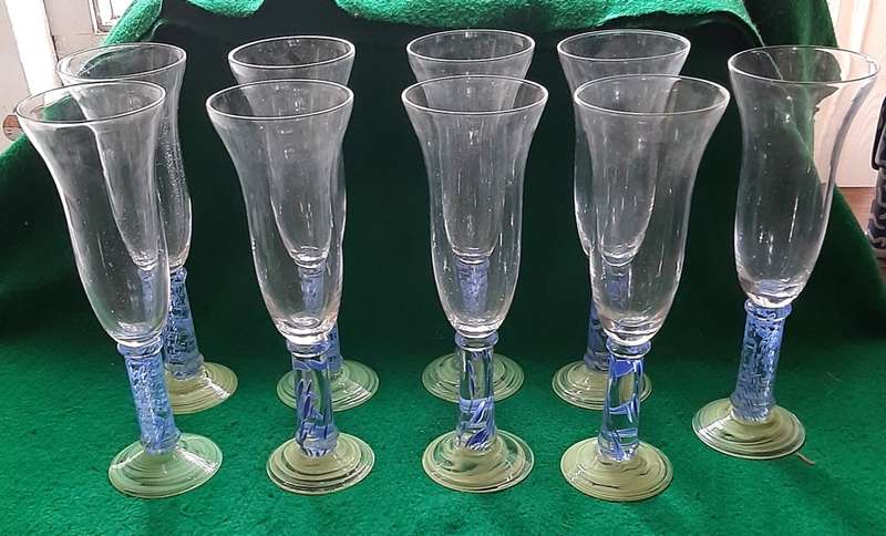 SET OF NINE HANDMADE ART GLASS WINE GLASSES