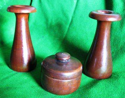 VINTAGE TURNED WOOD DRESSING TABLE SET CONSISTING OF TWO CANDLE HOLDERS AND A TRINKET BOX