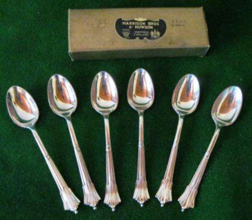 VINTAGE BOXED SET OF SIX HARRISON BROS & HOWSON A1 SILVER PLATED TEA SPOONS