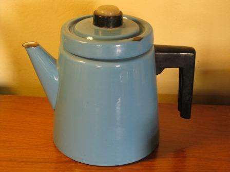 MID CENTURY LARGE FINEL LIGHT BLUE ENAMEL COFFEE POT DESIGNED IN 1957 BY ANTTI NERMESNIEMI