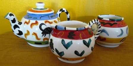 CLEMENTINA VAN DER WALT CERAMIC STUDIO TEA POT,MILK JUG AND SUGAR BASIN