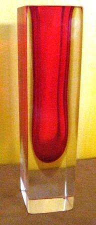 LARGE MID CENTURY MODERN 1970S MURANO SOMMERSO TRIPLE CASED DEEP RED,YELLOW AND CLEAR GLASS BLOCK VA