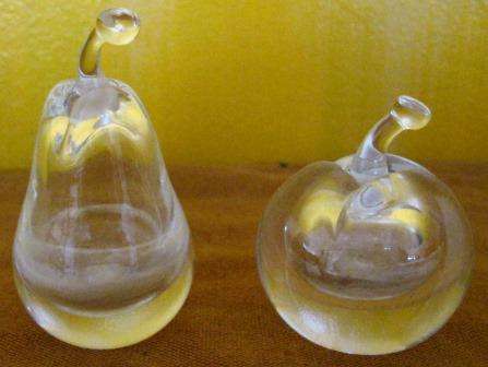 PAIR OF KOSTA BODA LEAD CRYSTAL PEAR AND APPLE SHAPED PERFUME BOTTLES DESIGNED BY VICKE LINDSTRAND