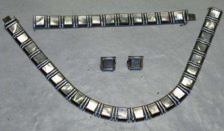 VERY RARE ART DECO 1930S DESIGNER ESHA RANDEL MOTHER OF PEARL,CHROME AND RHINESTONE CHOKER,BRACELET