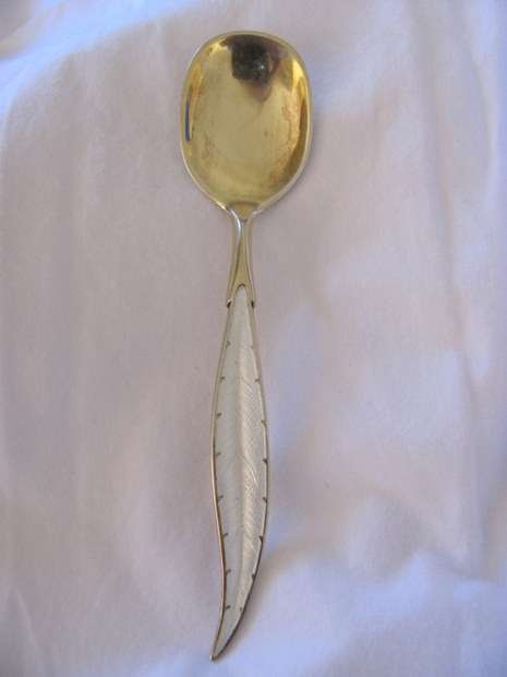 Silver Gilded/enamel Feather/leaf Spoon