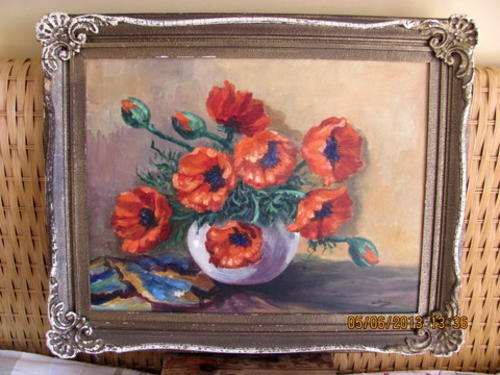 'Poppies in a Bowl'  Waterman   Oil on Canvas Distressed Frame  early ?1900's