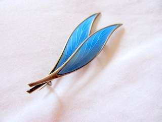 Vintage David-Andersen 925S Sterling/Enameled 2 Leaved Blue Brooch, Norway c1930+