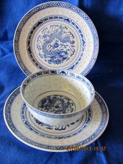 Oriental Blue/Dove Grey "Dragon" Bowl and 2 Side Plates.