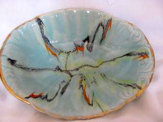 Vintage  'Carnival Patterned/Coloured Rectangle Bowl  West Germany some rubbed Gild,,