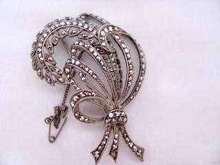 Large Vintage Marcasite Brooch with short silver safety chain