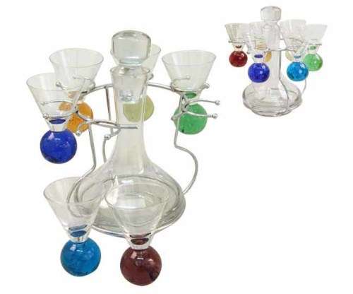 6 Glasses with ball shaped coloured basses and metal stand (glass decanter not included)