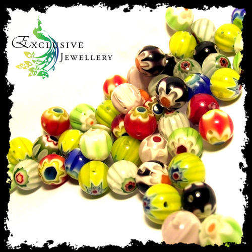 SEMI-PRECIOUS BEADS - Mixed 8mm Millefiori Glass Round Beads (45 pcs min)
