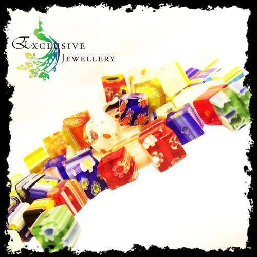 SEMI-PRECIOUS BEADS - Mixed 6mm Millefiori Glass Cube Beads (45 pcs)
