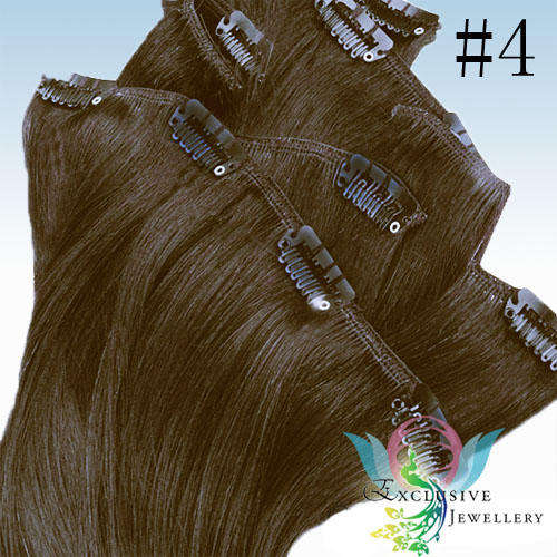 EXCLUSIVE JEWELLERY - Deluxe 7pcs Light Brown Clip-in Human Hair Extenstions - 16 Inches