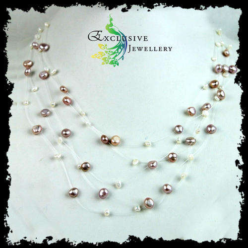 EXCLUSIVE JEWELLERY -5-STRAND Freshwater White Purple Baroque Pearl Necklace