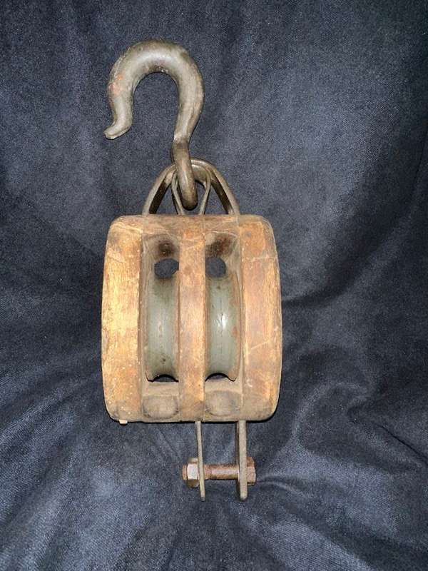 Vintage Block and Tackle   Double Wheel Pulley, Wood and Iron Nautical Maritime