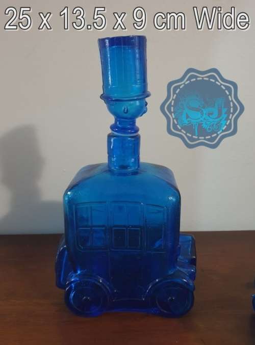 Vintage Blue Glass Car Decanter With Man in Top Hat Stopper and Six Glasses
