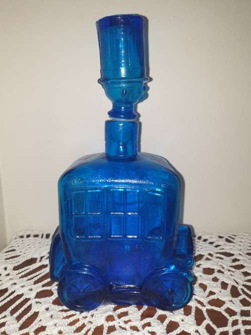 Vintage Blue Glass Car Decanter With Man in Top Hat Stopper and Six Glasses