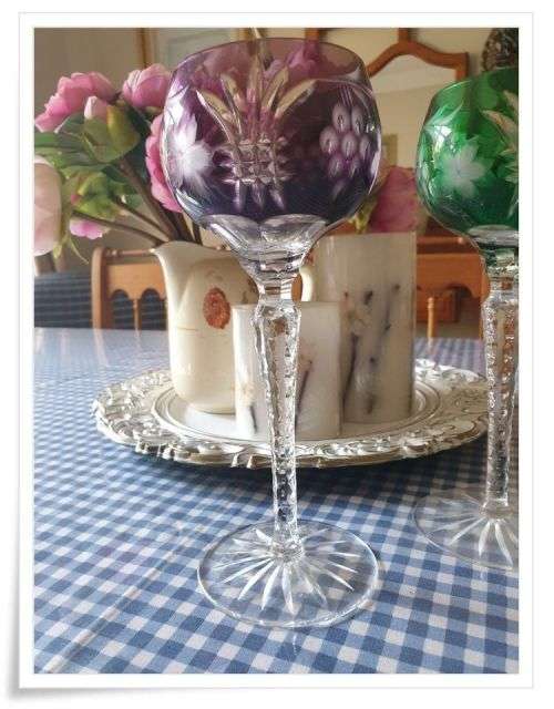 3 Hand Cut Bohemian Harlequin Hock Glasses Just for You C29