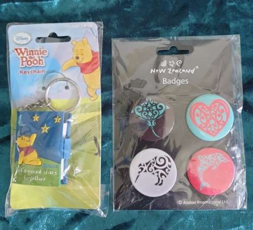 Badges and a  mini Book Keyring