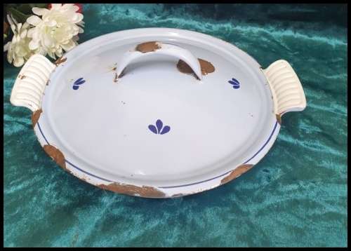Vintage Enamel and Cast Iron Oven Bowl with Lid, made in Holland