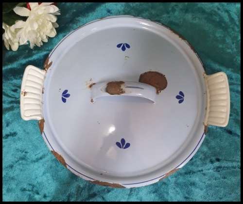 Vintage Enamel and Cast Iron Oven Bowl with Lid, made in Holland