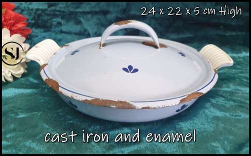 Vintage Enamel and Cast Iron Oven Bowl with Lid, made in Holland