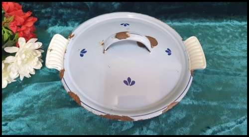 Vintage Enamel and Cast Iron Oven Bowl with Lid, made in Holland