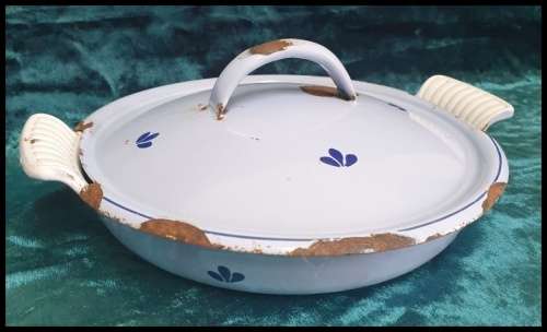 Vintage Enamel and Cast Iron Oven Bowl with Lid, made in Holland