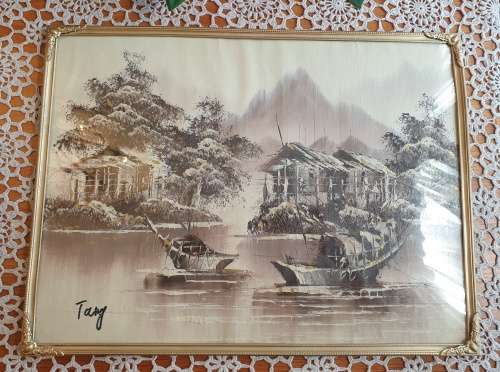 Canvas Painting in Vintage Brass Metal Dome Glass Frame