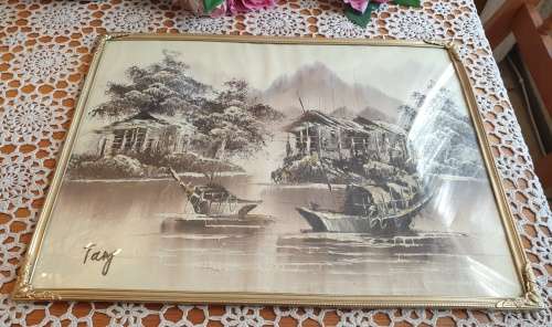 Canvas Painting in Vintage Brass Metal Dome Glass Frame