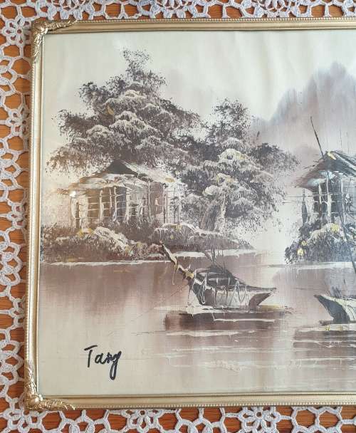 Canvas Painting in Vintage Brass Metal Dome Glass Frame