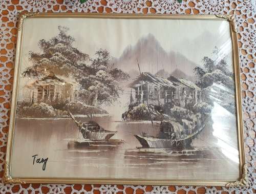 Canvas Painting in Vintage Brass Metal Dome Glass Frame