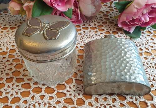 Hip Flask and Butterfly Cut Glass Jar