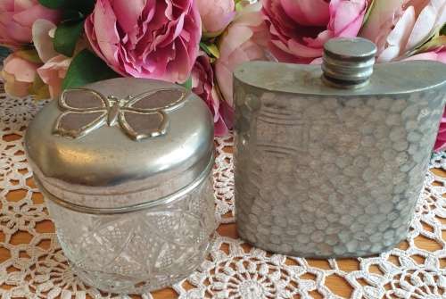 Hip Flask and Butterfly Cut Glass Jar