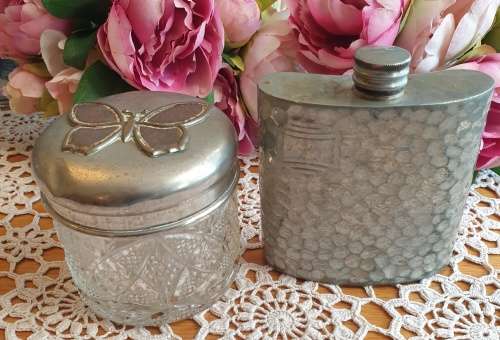Hip Flask and Butterfly Cut Glass Jar