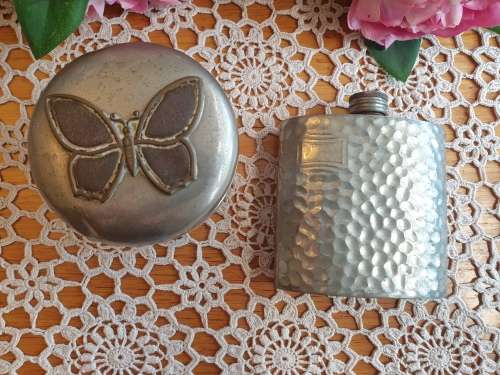 Hip Flask and Butterfly Cut Glass Jar