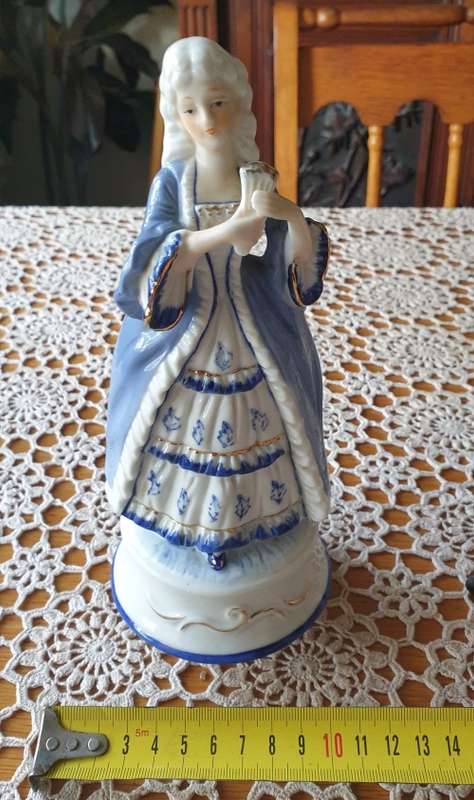 Vintage Blue and White Victorian Lady Porcelain Figurine Music Box