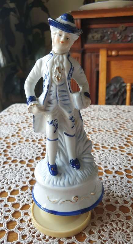 Vintage Blue and White Victorian Man Porcelain Figurine Music Box