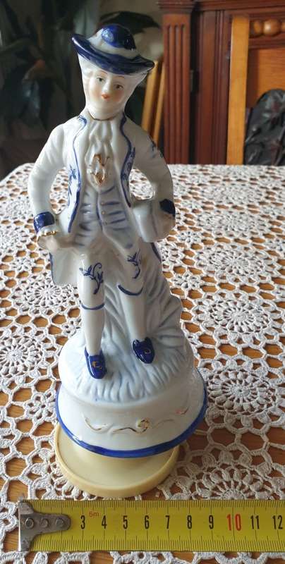 Vintage Blue and White Victorian Man Porcelain Figurine Music Box