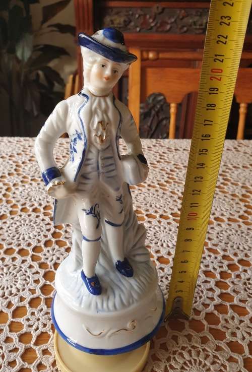 Vintage Blue and White Victorian Man Porcelain Figurine Music Box