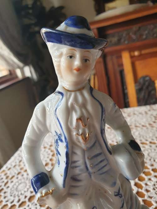 Vintage Blue and White Victorian Man Porcelain Figurine Music Box