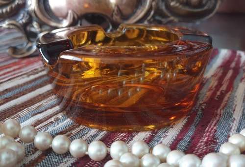 Pretty Amber Glass - Mid Century Ashtray - Very Heavy and Solid