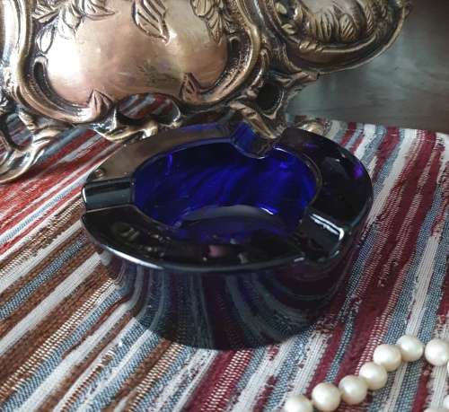 Pretty Cobalt Blue Glass - Mid Century Ashtray - Very Heavy and Solid