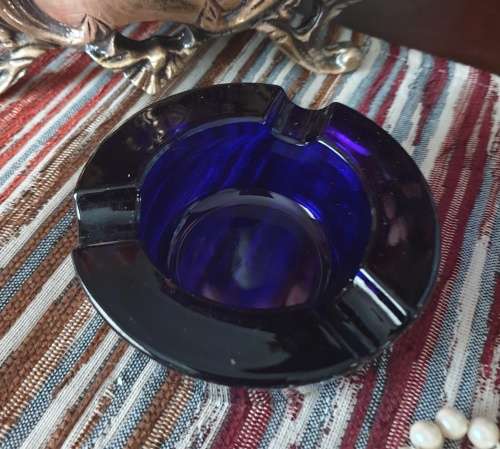 Pretty Cobalt Blue Glass - Mid Century Ashtray - Very Heavy and Solid