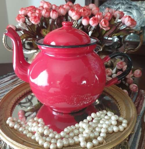 Vintage Polish Red Enamel  Teapot