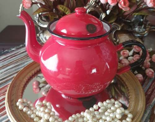 Vintage Polish Red Enamel  Teapot