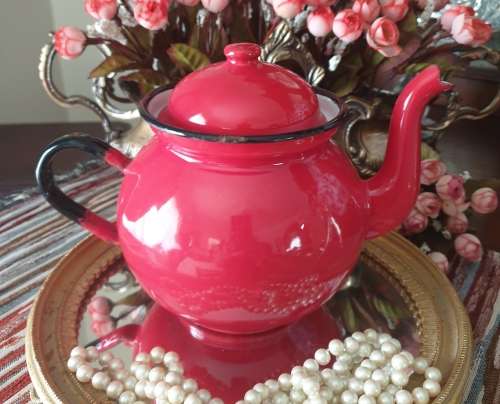 Vintage Polish Red Enamel  Teapot